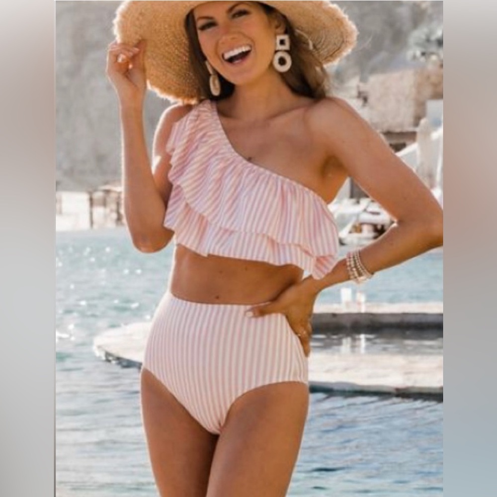 Caitlin Covington x Pink Lily The Bermuda one shoulder striped blush bikini